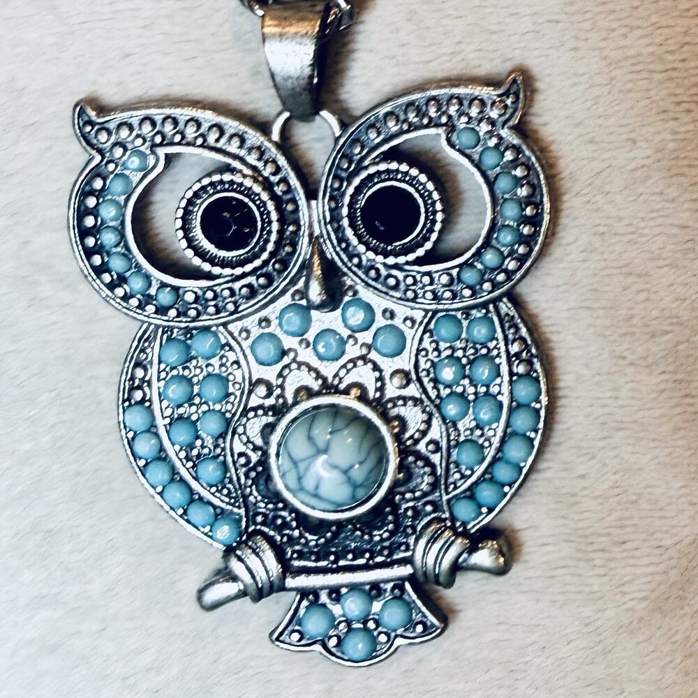 Owl Pendant Necklace Faux Turquoise Silver Toned Long Chain Boho Vintage